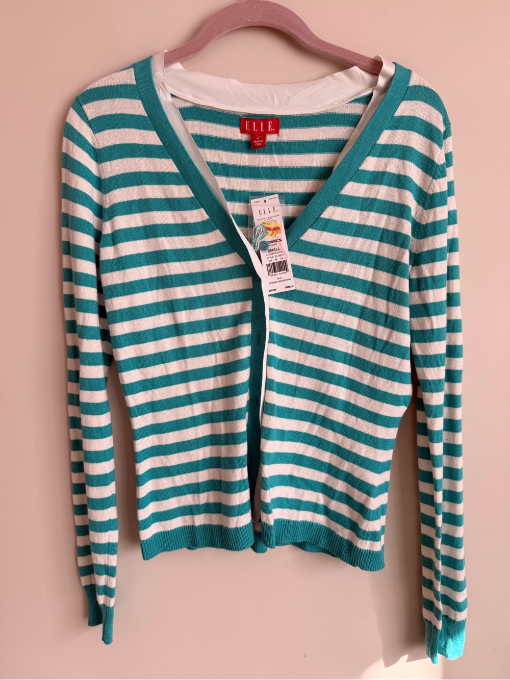 ELLE Teal and White Striped V-Neck Cardigan